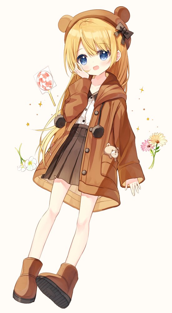 1girl :d animal_ears animal_hat bear_ears bear_hat beret black_bow black_skirt blonde_hair blue_eyes boots bow brown_background brown_boots brown_hat brown_jacket candy collared_shirt commentary_request dress_shirt flower flower_girl_(yuuhagi_(amaretto-no-natsu)) food full_body hat hat_bow hood hood_down hooded_jacket jacket lollipop long_hair long_sleeves looking_at_viewer open_clothes open_jacket open_mouth original pink_flower pleated_skirt shirt shoe_soles simple_background skirt sleeves_past_wrists smile solo sparkle swirl_lollipop very_long_hair white_flower white_shirt yuuhagi_(amaretto-no-natsu)