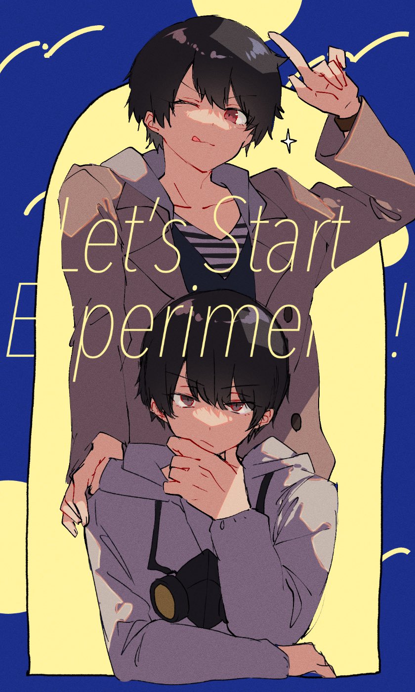 2boys black_hair blue_background brown_eyes ebony_nightmare english_text gas_mask hand_on_another&#039;s_shoulder hand_on_own_chin hazmat_suit highres index_finger_raised kamen_rider kamen_rider_build_(series) katsuragi_takumi kiryuu_sento long_coat male_focus mask multiple_boys one_eye_closed red_eyes scientist spoilers tongue tongue_out two-tone_background yellow_background