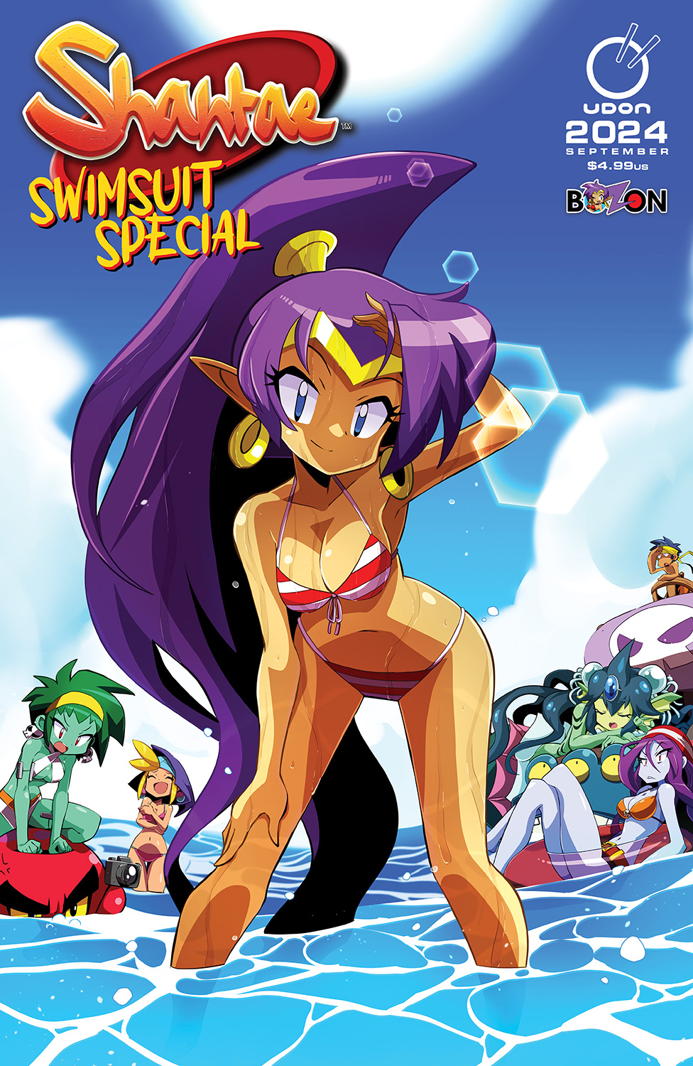 1boy 5girls bikini blue_eyes breasts character_request cloud colored_skin commentary copyright_name dark-skinned_female dark_skin day earrings english_commentary gold_earrings green_hair green_skin high_ponytail highres innertube jewelry large_breasts leaning_forward legs_apart lens_flare mermaid monster monster_girl multiple_girls official_art outdoors pale_skin pointy_ears ponytail purple_hair red_bikini risky_boots rottytops sakurajyousui_nami shantae shantae_(series) sky_(shantae) solo_focus sunlight swim_ring swimsuit udon_entertainment wading water wet