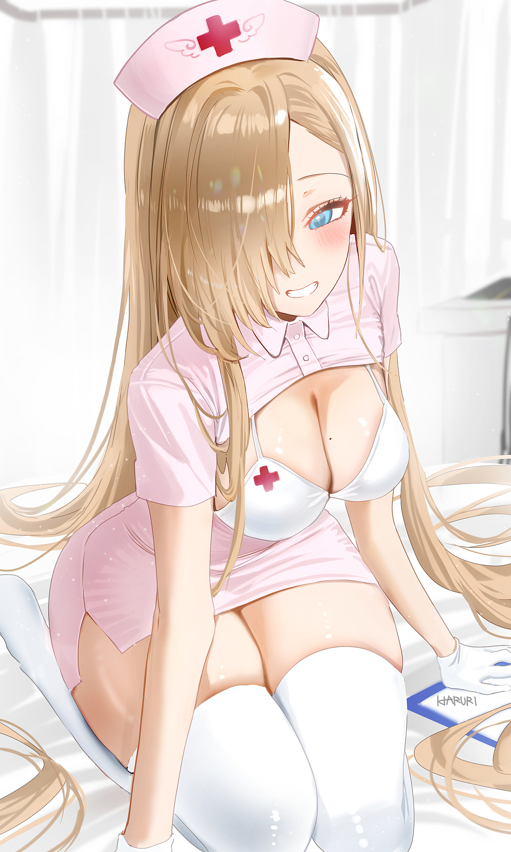 1girl asuna_(blue_archive) blue_archive blue_eyes breasts cleavage haruri hat highres large_breasts light_brown_hair long_hair looking_at_viewer nurse nurse_cap short_sleeves smile solo