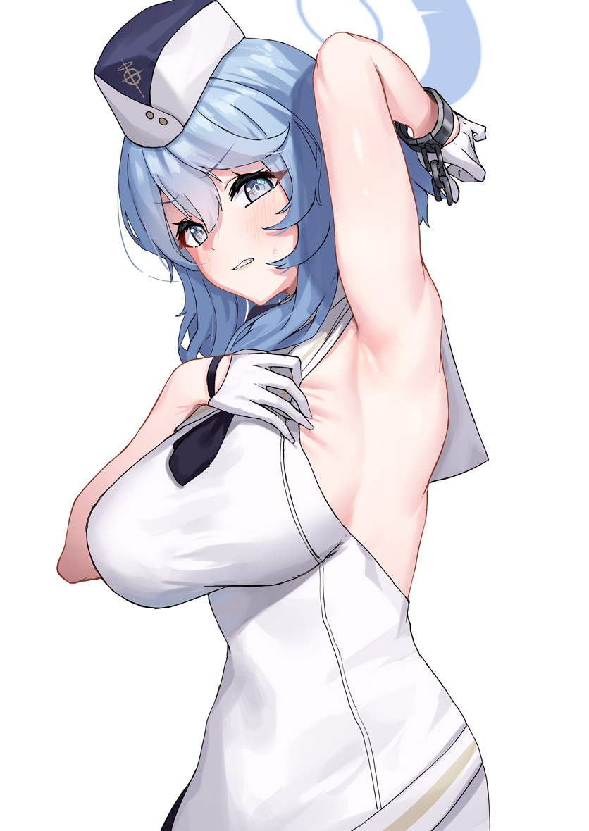 1girl ako_(blue_archive) arm_up armpits black_necktie blue_archive blue_eyes blue_hair blush breasts clenched_teeth commentary_request cuffs dress garrison_cap gloves halo hat large_breasts looking_at_viewer necktie pensuke presenting_armpit revision shackles sideboob simple_background sleeveless sleeveless_dress solo sweat teeth utnapishtim_operator_uniform_(blue_archive) white_background white_dress white_gloves