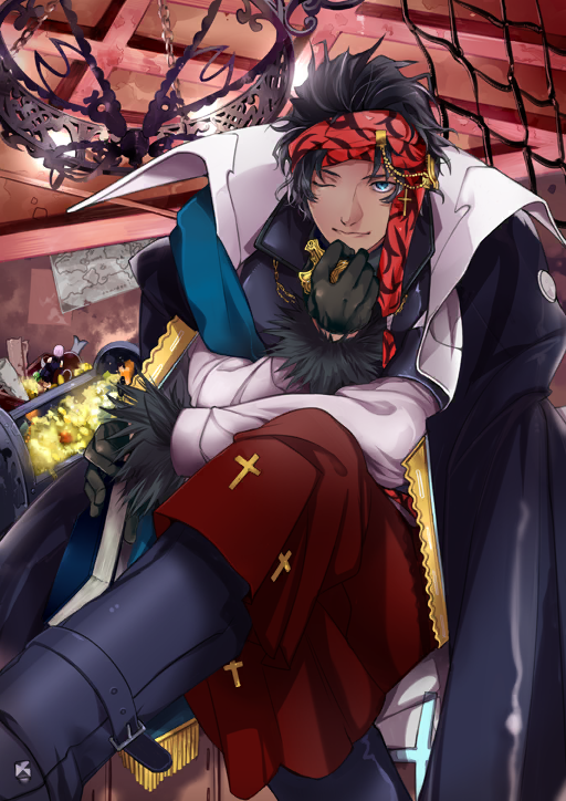 1boy azuazuazu19 bartholomew_roberts_(fate) black_boots black_coat black_gloves black_hair black_vest blue_eyes boots coat coat_on_shoulders cross cross_necklace crossed_legs dark-skinned_male dark_skin fate/grand_order fate_(series) figure fur-trimmed_sleeves fur_trim game_cg gloves half_gloves hand_up headband holding holding_jewelry holding_necklace jewelry long_sleeves looking_at_viewer lord_camelot_(fate) male_focus mash_kyrielight mash_kyrielight_(demi-servant) necklace official_art one_eye_closed pants pink_shirt red_headband red_pants shirt short_hair sitting smile solo third-party_source treasure vest