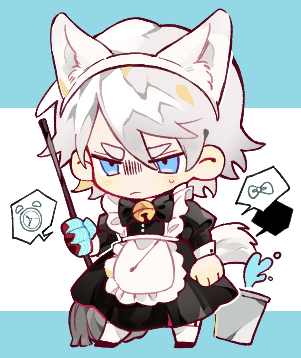 1boy animal_ear_fluff animal_ear_headband animal_ears annoyed apron bell black_dress blue_eyes bucket chinese_commentary clenched_hands closed_mouth commentary_request crossdressing devil_bringer devil_may_cry devil_may_cry_(series) devil_may_cry_4 dress fake_animal_ears frilled_apron frills frown full_body holding holding_mop image_in_speech_bubble juliet_sleeves long_sleeves maid maid_apron male_focus male_maid mop neck_bell nero_(devil_may_cry) parted_bangs puffy_sleeves sleeve_cuffs solo speech_bubble standing sweatdrop thick_eyebrows water white_hair xinjinjumin5298231