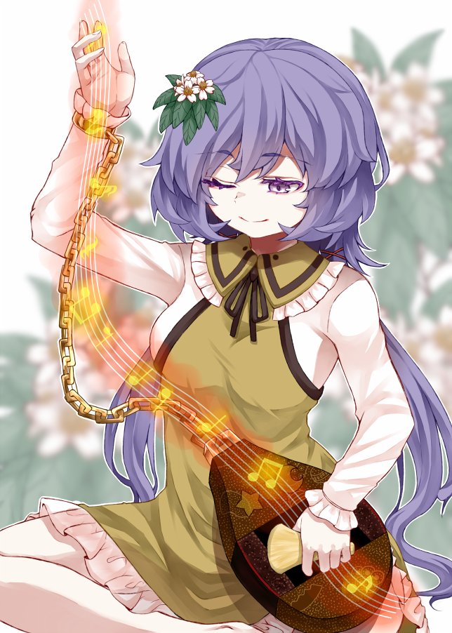 bare_legs biwa_lute black_ribbon breasts brown_dress chain closed_mouth collared_dress commentary_request dress floral_background flower frilled_sleeves frills gold_chain hair_flower hair_ornament happy instrument long_sleeves lute_(instrument) medium_breasts music neck_ribbon one_eye_closed playing_instrument purple_eyes purple_hair ribbon sitting smile touhou tsukumo_benben twintails upper_body white_flower white_sleeves zetsumame