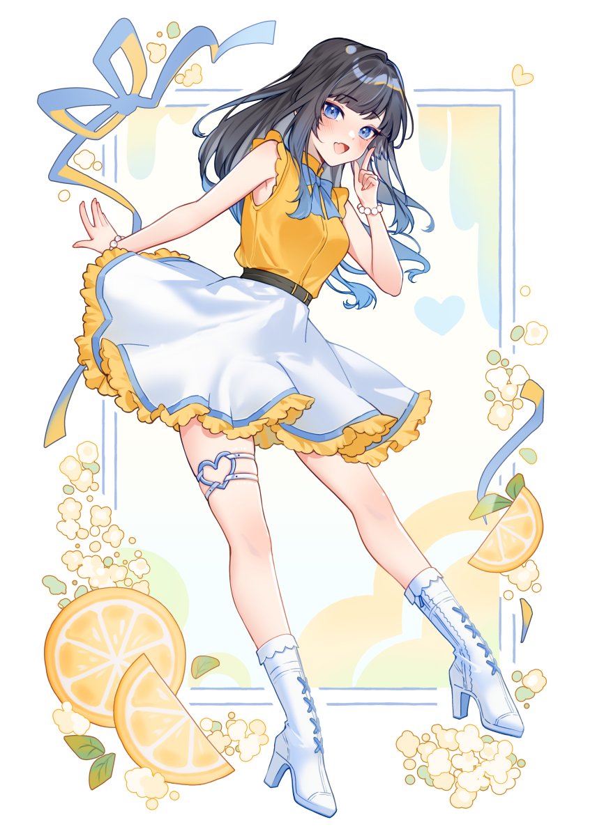 1girl :d black_hair blue_bow blue_bowtie blue_eyes blue_hair blue_ribbon blush boots bow bowtie bracelet carrot_(robosquat) fang food fruit gradient_hair heart heart_o-ring high_heel_boots high_heels highres idol idol_clothes index_finger_raised jewelry lemon lemon_slice multicolored_hair nadeshiko_(carrot_robosquat) o-ring o-ring_thigh_strap open_mouth orange_shirt original ribbon shirt skin_fang skirt smile thigh_strap white_boots white_skirt