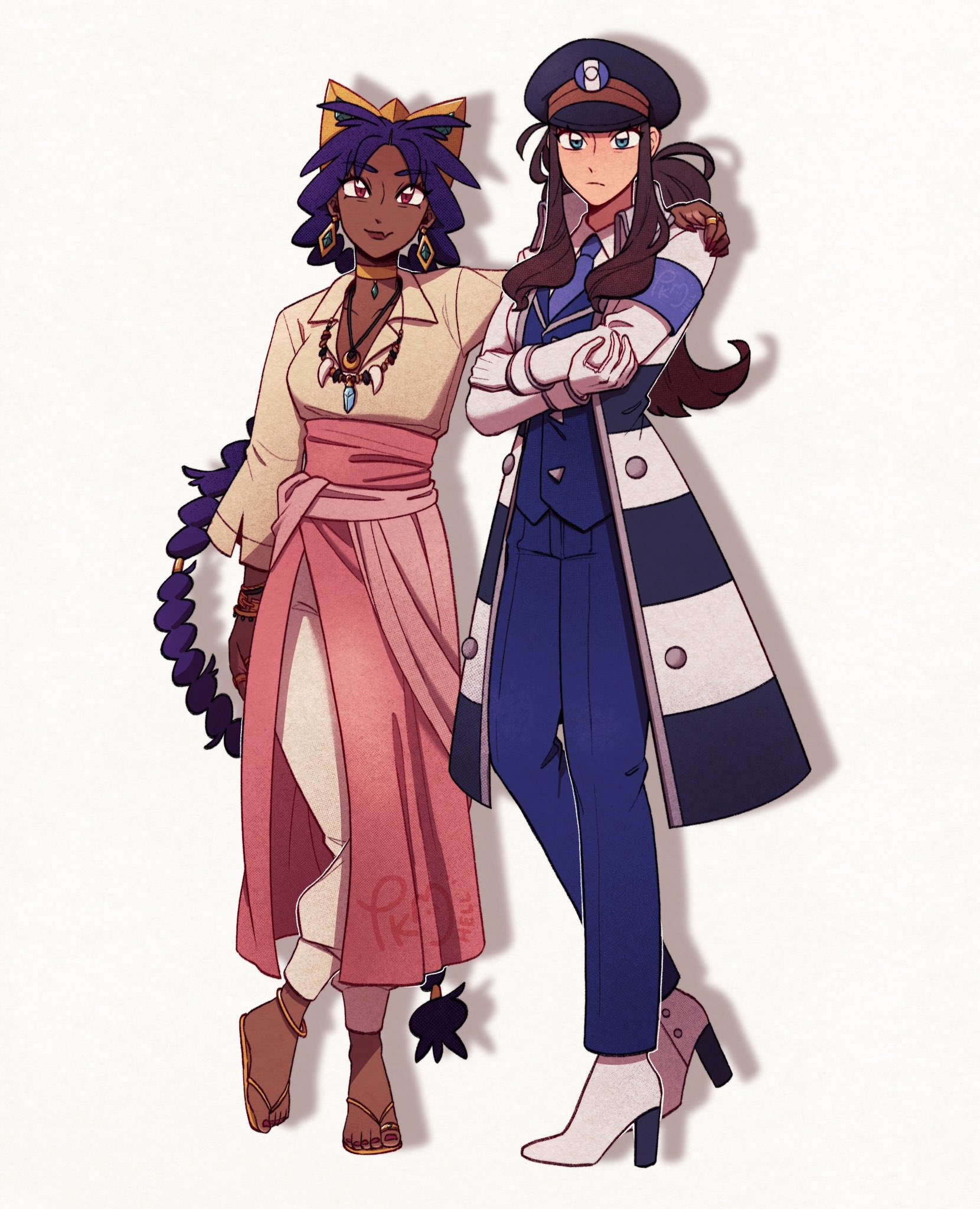2girls aged_up black_hat blue_pants brown_hair buttons choker closed_mouth coat collared_shirt commentary dark-skinned_female dark_skin earrings english_commentary gloves hand_on_another's_shoulder hat high_heels highres hilda_(pokemon) iris_(pokemon) jewelry long_hair long_sleeves multi-tied_hair multiple_girls necklace necktie nintendo open_clothes open_coat pants pokemon pokemon_bw red_eyes ring sandals shirt sidelocks standing striped_coat submashell very_long_hair white_gloves white_shirt