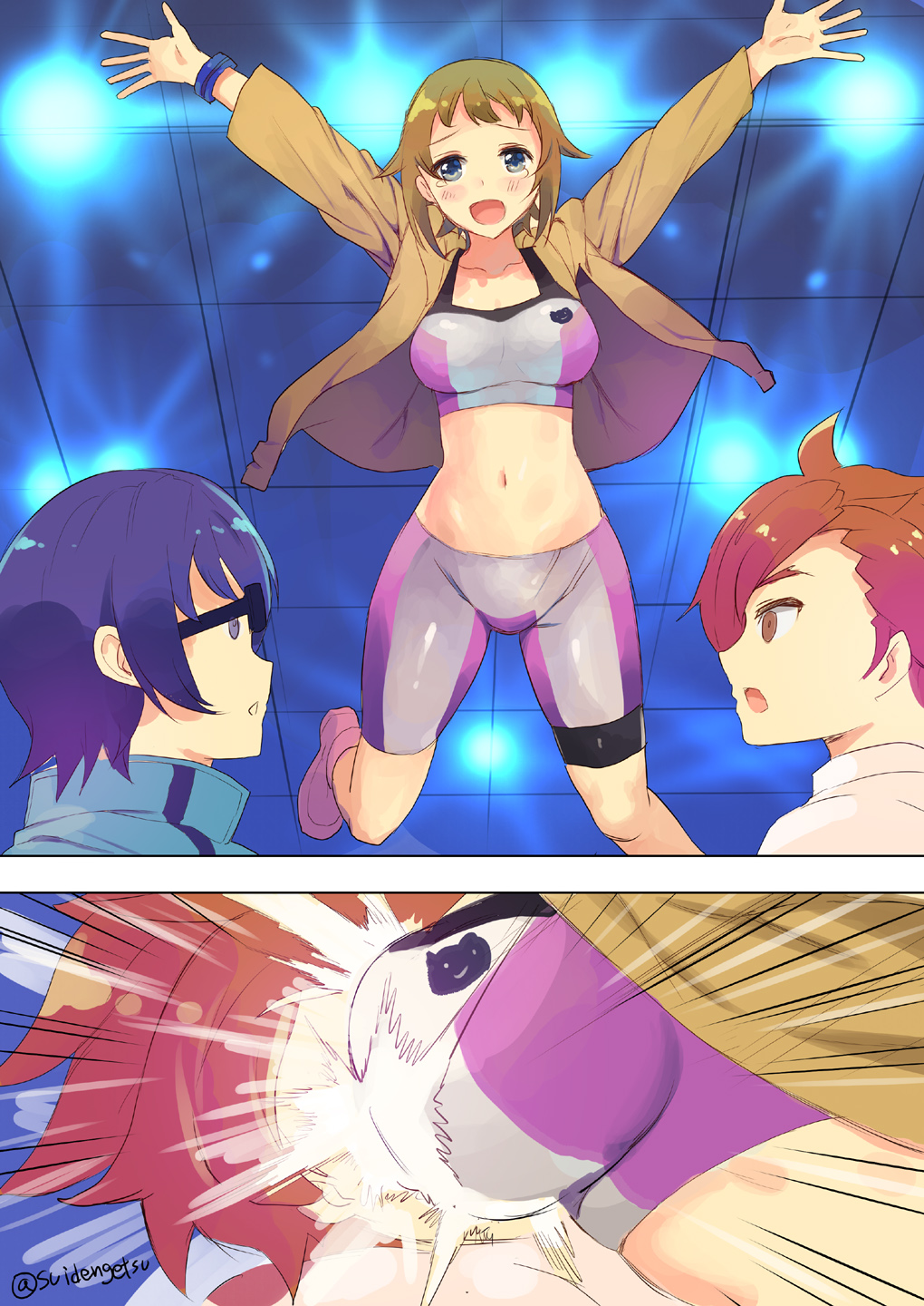 10s 1girl 2boys bike_shorts blue_eyes blue_hair breast_smother brown_hair dougi face_to_breasts glasses gundam gundam_build_fighters gundam_build_fighters_try highres hoshino_fumina imminent_hug incoming_hug jacket jumping kamiki_sekai karate_gi kousaka_yuuma midriff mizuta_kenji multiple_boys navel red_hair sports_bra tears two-tone_sports_bra