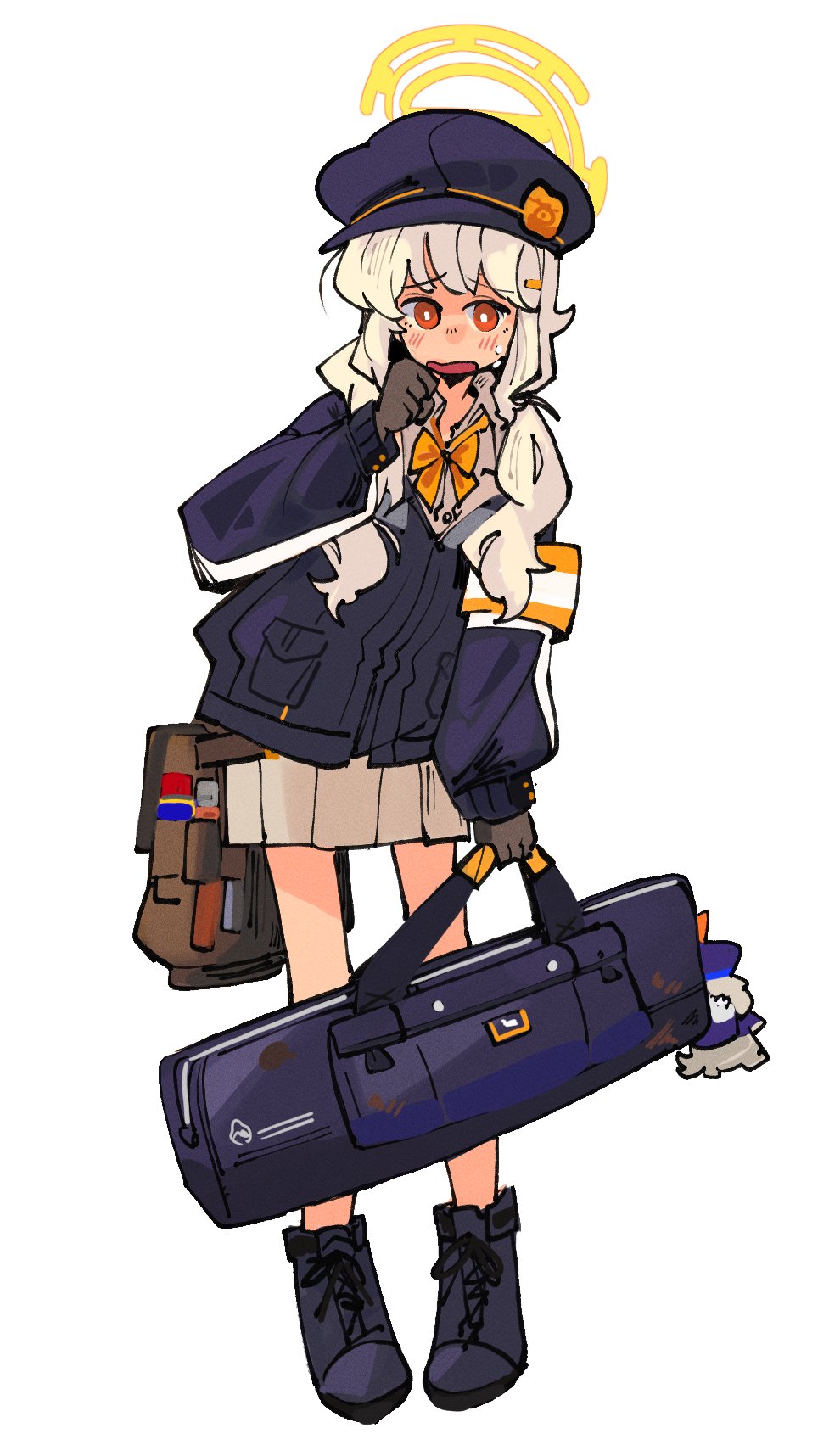 1girl aoba_(blue_archive) armband bag black_boots black_hat black_jacket blue_archive boots bow bowtie bright_pupils full_body grey_skirt halo hat highres holding holding_bag jacket kinzaibatsu91 long_hair long_sleeves looking_at_viewer open_mouth red_eyes simple_background skirt solo standing white_background white_pupils yellow_armband yellow_bow yellow_bowtie yellow_halo
