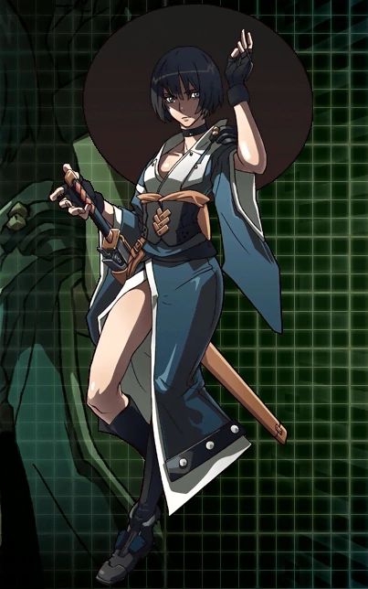 1girl arc_system_works black_hair fingerless_gloves gloves hard_corps:_uprising hat konami looking_at_viewer official_art sayuri_(hard_corps) sword weapon