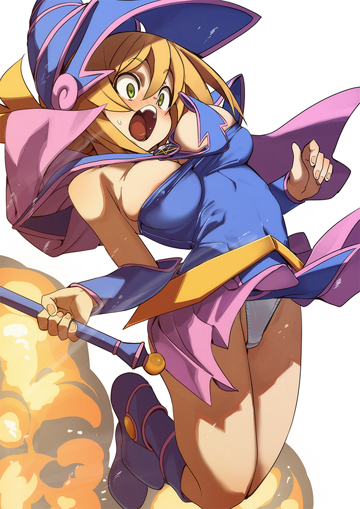 1girl bare_shoulders blonde_hair blue_dress blue_hat blush boots breasts cleavage dark_magician_girl detached_sleeves dress duel_monster explosion fu-ta green_eyes hat large_breasts long_hair off_shoulder open_mouth panties pentacle pink_skirt skirt solo underwear wand white_panties wizard_hat yu-gi-oh! yu-gi-oh!_duel_monsters