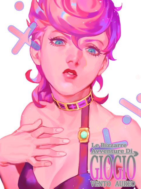 1girl black_shirt blue_eyes breasts choker cleavage collarbone copyright_name eyelashes fingernails hair_between_eyes jojo_no_kimyou_na_bouken light_particles lipstick makeup parted_lips shirt solo trish_una vento_aureo white_background zoo_(oukakumaku)