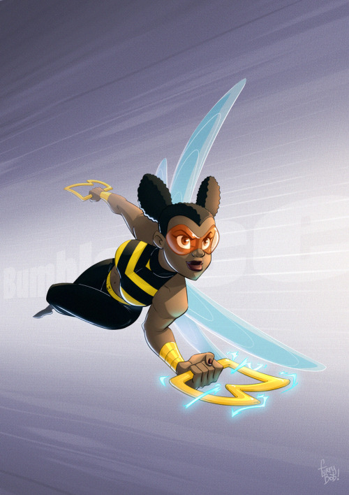1girl bee_costume black_hair black_pants brown_eyes bumble_bee dark_skin dc_comics double_bun flying goggles hair_bun insect_wings karen_beecher midriff pants shirt striped_clothes striped_shirt teen_titans wings