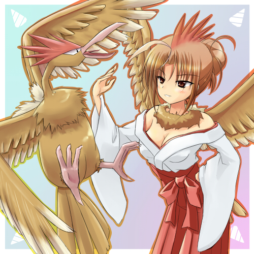 1990s_(style) 1girl bird brown_eyes brown_hair creature_and_personification fearow gen_1_pokemon japanese_clothes lowres miko moemon nintendo personification pokemon pokemon_(creature) pokemon_rgby retro_artstyle tenjou_ryuka wings