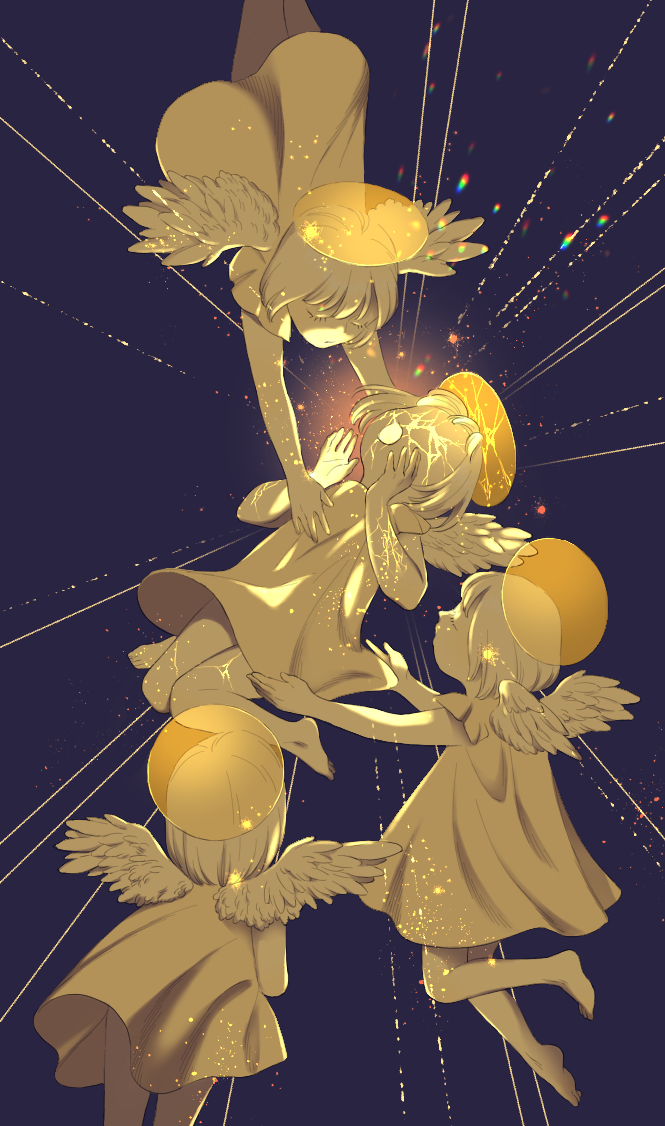 4girls angel angel_wings broken_halo closed_eyes feathered_wings feathers glowing_cracks glowing_motes halo limited_palette multiple_girls original prismatic_lines shokugyo traditional_halo white_wings wings