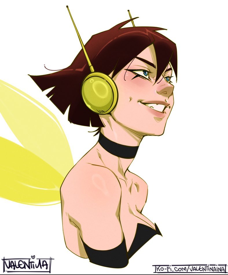1girl artist_name avengers_(series) bare_shoulders black_choker blue_eyes brown_hair choker grin headphones insect_wings janet_van_dyne ko-fi_username marvel portrait short_hair simple_background smile solo strapless the_avengers:_earth&#039;s_mightiest_heroes! valentina_tavolilla wasp_(marvel) watermark web_address white_background wings