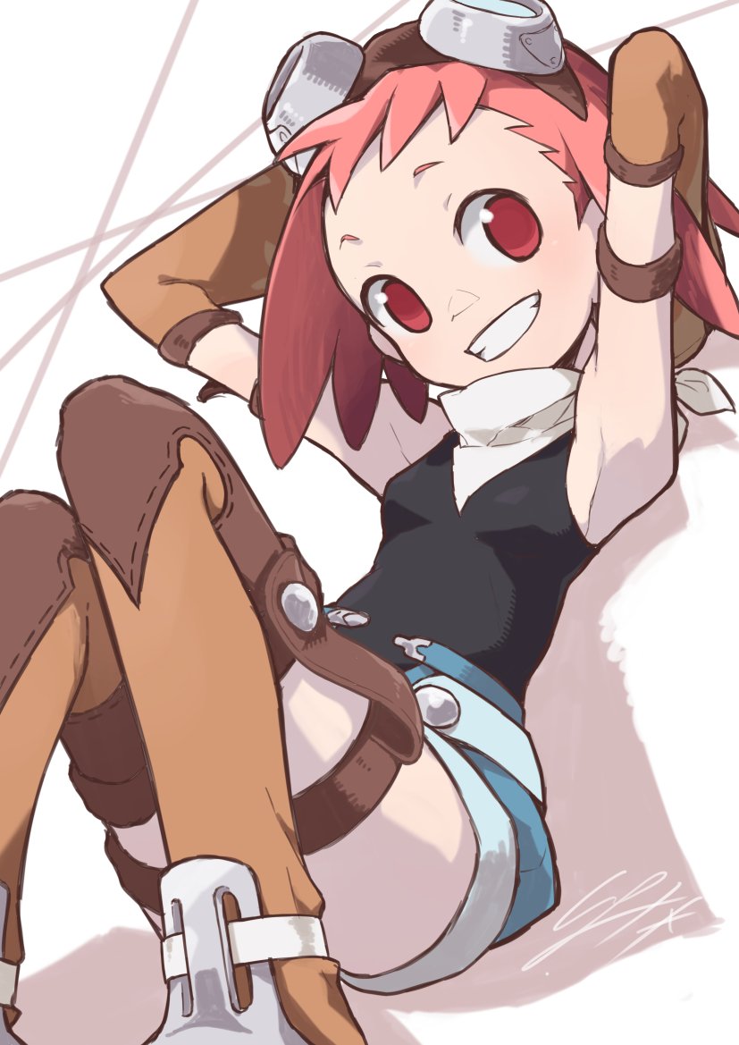 1girl aero_(mega_man) armpits arms_up boots breasts female_focus goggles goggles_on_head grin head_tilt io_naomichi looking_at_viewer lying mega_man_(series) mega_man_legends_(series) mega_man_legends_3 neckerchief on_back pink_hair short_hair short_shorts shorts sleeveless small_breasts smile solo thigh_boots thighhighs white_neckerchief