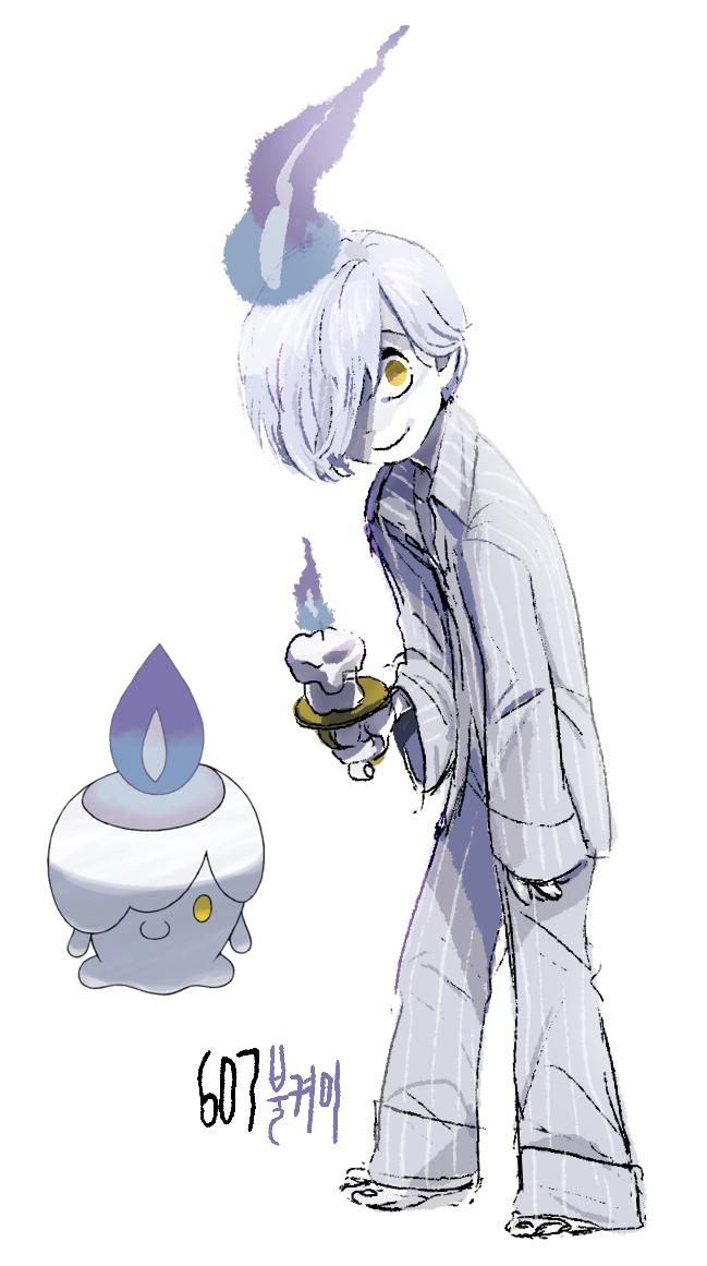 1boy candlestand colored_skin game_freak gen_5_pokemon litwick looking_at_viewer nintendo pants personification pokemon pokemon_(creature) reference_inset short_hair simple_background smile solo tamtamdi white_background white_hair white_skin yellow_eyes