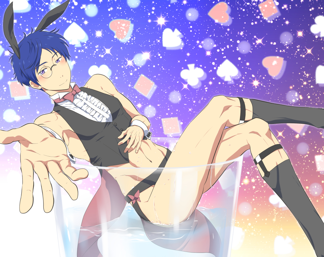 10s 1boy animal_ears black_socks blue_hair blush bow bowtie crossed_legs detached_sleeves free! glass kneehighs kusanagi_kuon looking_at_viewer male_focus midriff monocle purple_eyes rabbit_ears reaching reaching_towards_viewer ryuugazaki_rei sitting socks solo thighs water