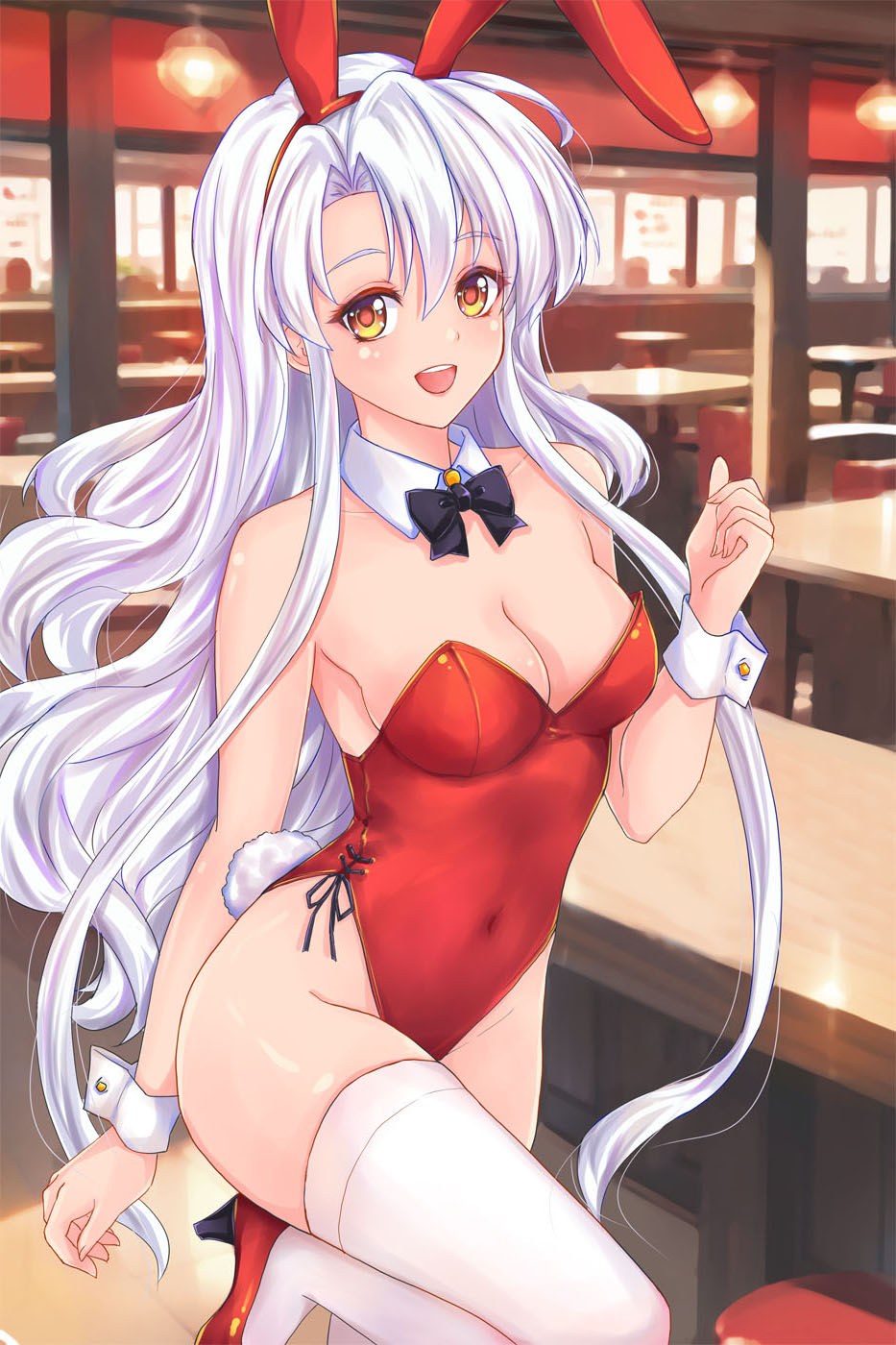 animal_ear_hairband animal_ears black_bow black_bowtie bow bowtie breasts claret_(langrisser) cleavage detached_collar fake_animal_ears fred0092 hairband high_heels highres langrisser leotard long_hair medium_breasts orange_eyes playboy_bunny rabbit_ears rabbit_tail red_leotard red_shoes shoes side-tie_leotard smile standing standing_on_one_leg strapless strapless_leotard tail thighhighs white_hair white_thighhighs wrist_cuffs