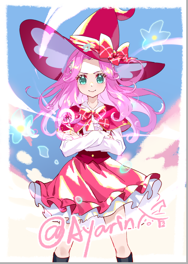 1girl aqua_eyes ascot ayako_(xiaqiu) black_socks blue_sky border bow bowtie capelet closed_mouth cloud collared_shirt cowboy_shot crossed_arms day dot_nose eyelashes floating_clothes floating_hair flower forehead frilled_skirt frills furrowed_brow gunbuster_pose hair_flower hair_ornament hanami_kotoha happy hat hat_bow kneehighs knees lips lofter_username long_hair long_sleeves looking_at_viewer magic magic_school_uniform_(mahou_girls_precure!) mahou_girls_precure! miniskirt outdoors petals pink_hair plaid_bow pleated_skirt precure red_bow red_bowtie red_capelet red_hat red_skirt red_vest school_uniform shirt skirt sky smile socks solo standing straight-on very_long_hair vest white_ascot white_border white_flower white_shirt witch_hat