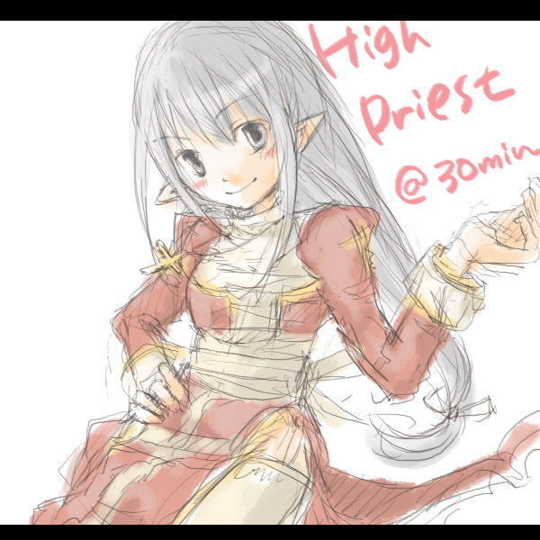 1girl blush breasts character_name closed_mouth commentary_request completion_time cowboy_shot dress garter_straps grey_eyes grey_hair high_priest_(ragnarok_online) juliet_sleeves letterboxed long_hair long_sleeves looking_at_viewer pointy_ears puffy_sleeves ragnarok_online red_dress sash simple_background sketch small_breasts smile solo thighhighs two-tone_dress white_background white_dress white_sash white_thighhighs yuina_(yuina_h)