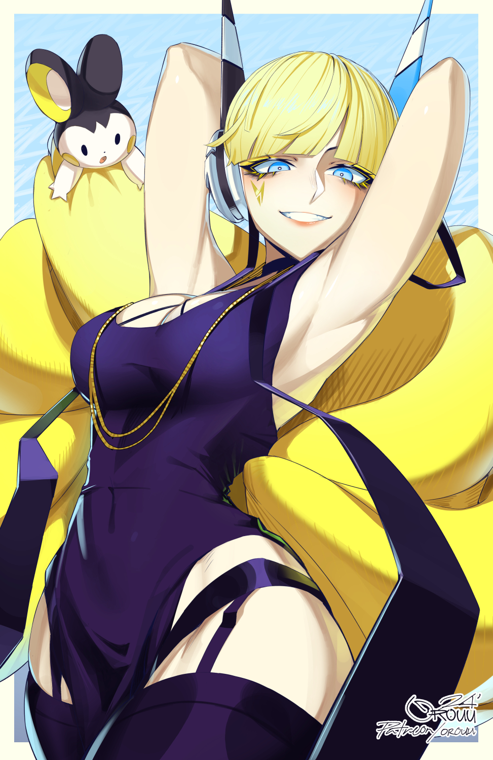 1girl alternate_color armpits arms_behind_head arms_up bare_shoulders black_thighhighs blonde_hair blue_eyes blunt_bangs breasts cleavage commentary cowboy_shot creatures_(company) down_jacket dress elesa_(pokemon) emolga facial_mark game_freak gen_5_pokemon grin highres jacket large_breasts long_hair looking_at_viewer nintendo orouu pokemon pokemon_(creature) pokemon_bw2 purple_dress sleeveless sleeveless_dress smile standing thighhighs very_long_hair