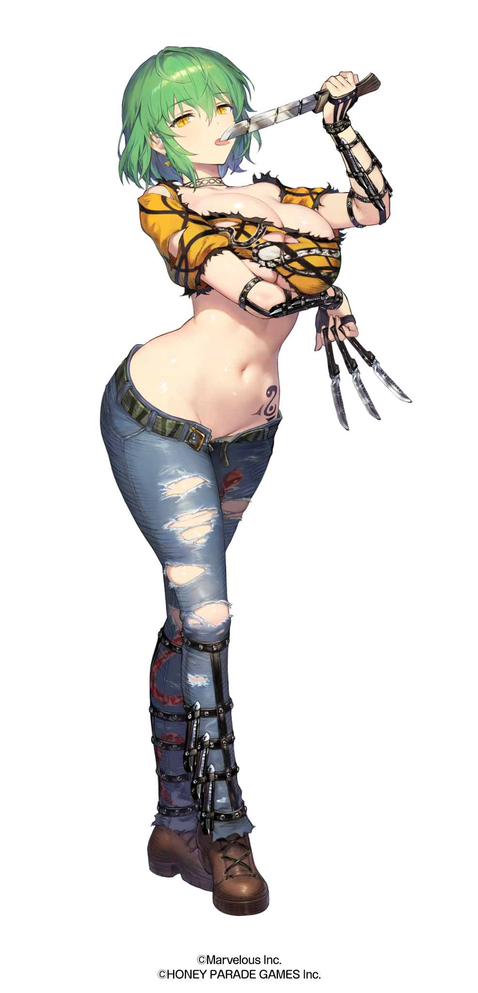 1girl belt breast_tattoo breasts brown_dust_(series) brown_dust_2 cleavage denim earrings green_hair highres hikage_(senran_kagura) hip_tattoo huge_breasts jeans jewelry knife licking licking_blade licking_weapon machete medium_hair navel official_art open_belt open_fly pants senran_kagura senran_kagura_new_link simple_background slit_pupils snake_print snake_tattoo solo tattoo tongue tongue_out torn_clothes torn_jeans torn_pants weapon white_background yellow_eyes
