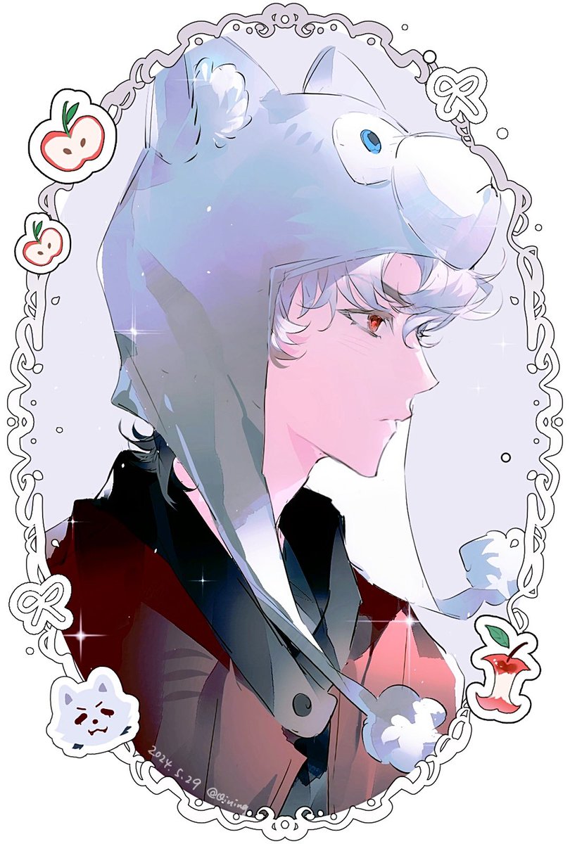 1boy animal_hat apple apple_core black_shirt border closed_mouth collared_shirt commentary eunho_(plave) food fruit hair_between_eyes hat highres jacket layered_clothes looking_ahead male_focus ornate_border plave pom_pom_(clothes) profile qin_ningshui_buleng apple red_eyes red_jacket ribbon shirt simple_background solo white_background white_hair white_ribbon wolf_hat