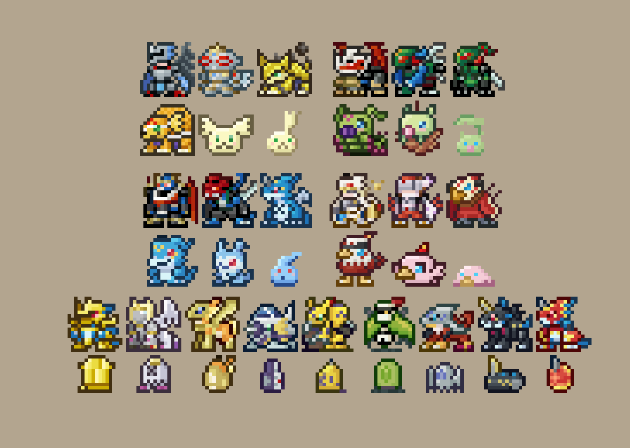 ankylomon aquilamon armadillo armadimon bird bug cat chibimon chicomon covered_eyes cross digimon digimon_(creature) digmon dinobeemon doguu expressionless fladramon fusion hawkmon helmet holsmon imperialdramon imperialdramon_dragon_mode imperialdramon_fighter_mode leafmon lighdramon long_ears magnamon mask minomon nefertimon paildramon patamon pegasmon pixel_art poromon pururumon shakkoumon shurimon silphymon slashangemon stingmon submarimon tailmon tsubumon upamon v-mon valkyrimon wings wormmon xv-mon