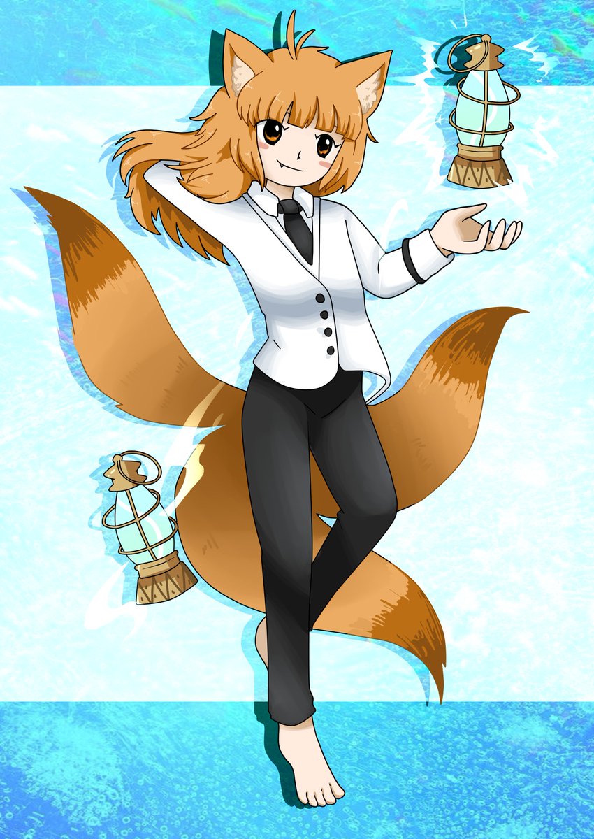 1girl animal_ear_fluff animal_ears antenna_hair bad_id bad_twitter_id barefoot black_leggings black_necktie blazer blue_background blunt_bangs buttons collared_shirt commentary commission english_commentary fox_ears fox_tail full_body hand_in_own_hair highres jacket lantern leggings letterboxed long_hair long_sleeves looking_at_object luo_qiangwei multiple_tails necktie object_floating_above_hand orange_eyes orange_hair original outside_border outstretched_hand parody shadow shirt solo style_parody tail toes touhou v-neck white_jacket white_shirt white_wrist_cuffs wrist_cuffs zun_(style)