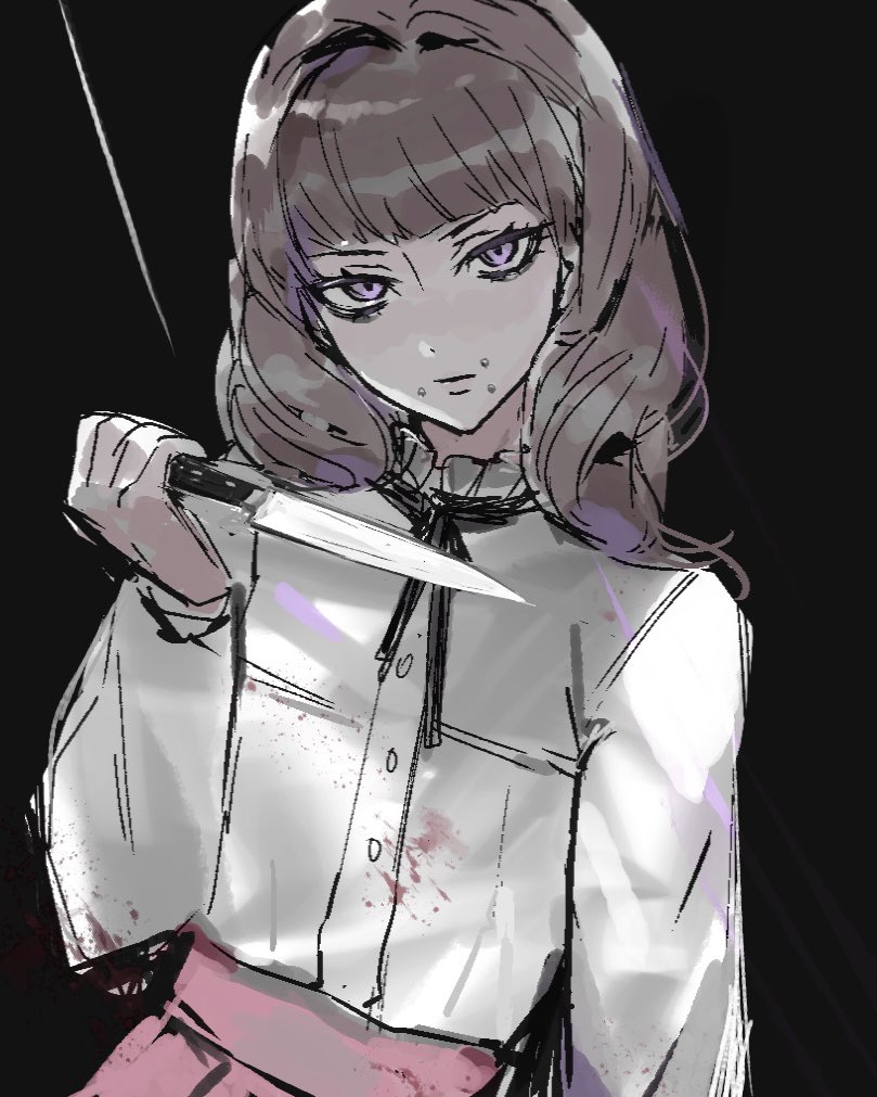 1girl black_background black_ribbon blood blood_on_clothes brown_hair closed_mouth fear_&amp;_hunger_(series) fear_&amp;_hunger_2:_termina frilled_shirt_collar frills hashtag-only_commentary holding holding_knife kitchen_knife knife long_hair long_sleeves looking_at_viewer marina_(fear_&amp;_hunger) miichinori mouth_piercing neck_ribbon pink_skirt purple_eyes reverse_grip ribbon shirt shirt_tucked_in skirt solo upper_body white_shirt