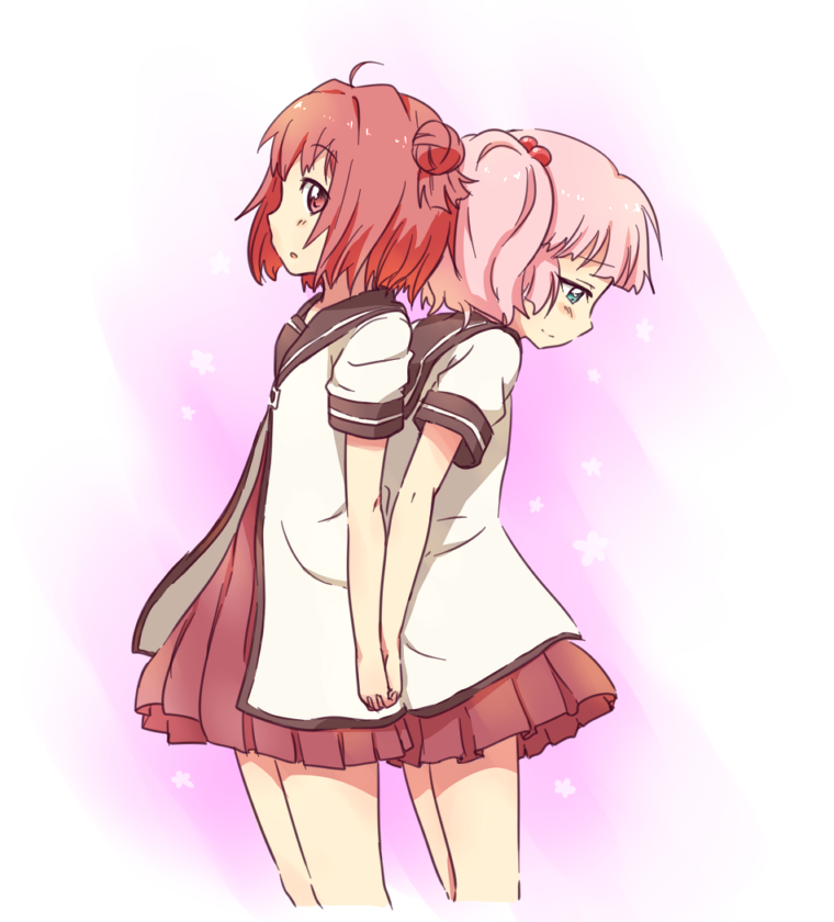 2girls akaza_akari back-to-back blue_eyes hair_bobbles hair_bun hair_ornament holding_hands kurorook multiple_girls open_mouth pink_hair purple_eyes red_hair school_uniform serafuku single_hair_bun yoshikawa_chinatsu yuri yuruyuri
