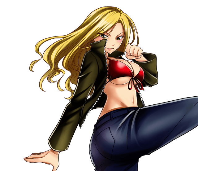 1girl bikini bikini_top_only blonde_hair breasts cleavage jacket julia_(rave_master) large_breasts long_hair looking_at_viewer navel official_art open_clothes open_jacket rave_(manga) smile swimsuit underboob