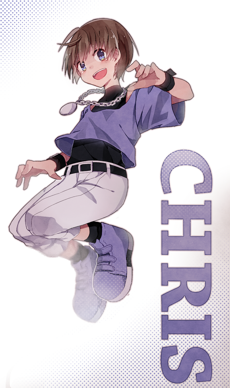1boy belt blue_eyes blue_footwear blue_shirt brown_hair character_name chris_(kof) happy highres jewelry looking_at_viewer necklace open_mouth pants saku_qq shirt smile teeth the_king_of_fighters upper_teeth_only white_pants wristband