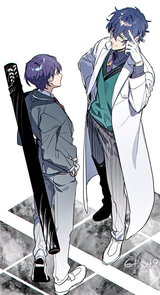 2boys 6tnut9 aqua_eyes aqua_vest artist_name bandaged_hand bandages black_jacket black_pants blazer blue_hair closed_mouth coat collared_shirt commentary_request eye_contact glasses gloves grey_shirt hair_between_eyes hand_on_own_hip hand_up jacket kenmochi_touya kenmochi_touya_(1st_costume) lab_coat lapels leos_vincent leos_vincent_(1st_costume) long_sleeves looking_at_another male_focus multiple_boys necktie nijisanji open_clothes open_coat pants pinstripe_pants pinstripe_pattern purple_hair purple_necktie red_necktie school_uniform shirt shoes short_hair signature smile standing tie_clip vest virtual_youtuber weapon_bag white_background white_coat white_gloves white_shirt