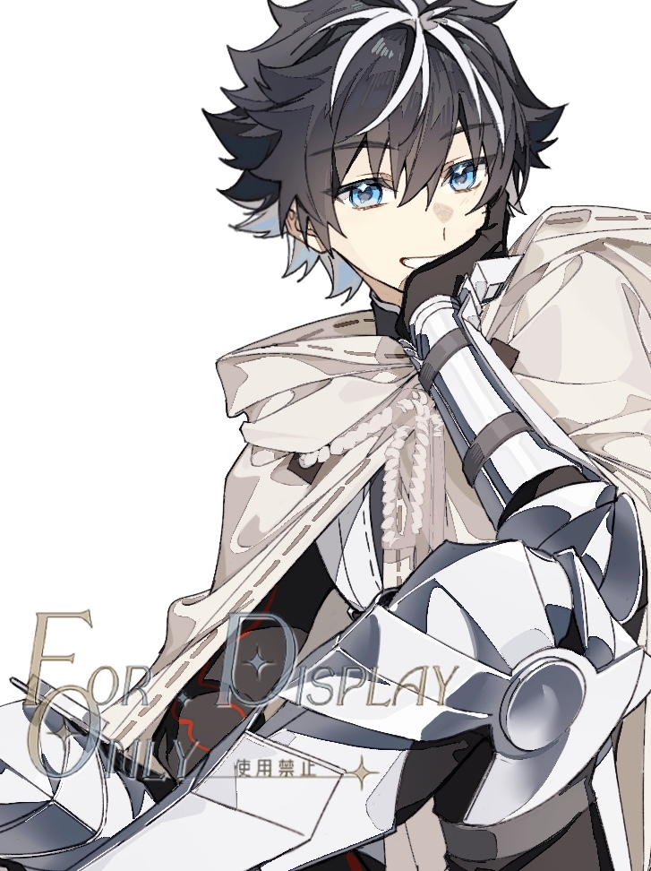 1boy black_gloves black_hair blue_eyes charlemagne_(fate) charlemagne_(first_ascension)_(fate) cloak fate/grand_order fate_(series) gloves grin hair_between_eyes hand_on_own_face head_on_hand idass_(idass16) knee_up leg_armor looking_at_viewer male_focus multicolored_hair open_mouth shirt short_hair simple_background smile solo two-tone_hair vambraces white_background white_cloak white_hair