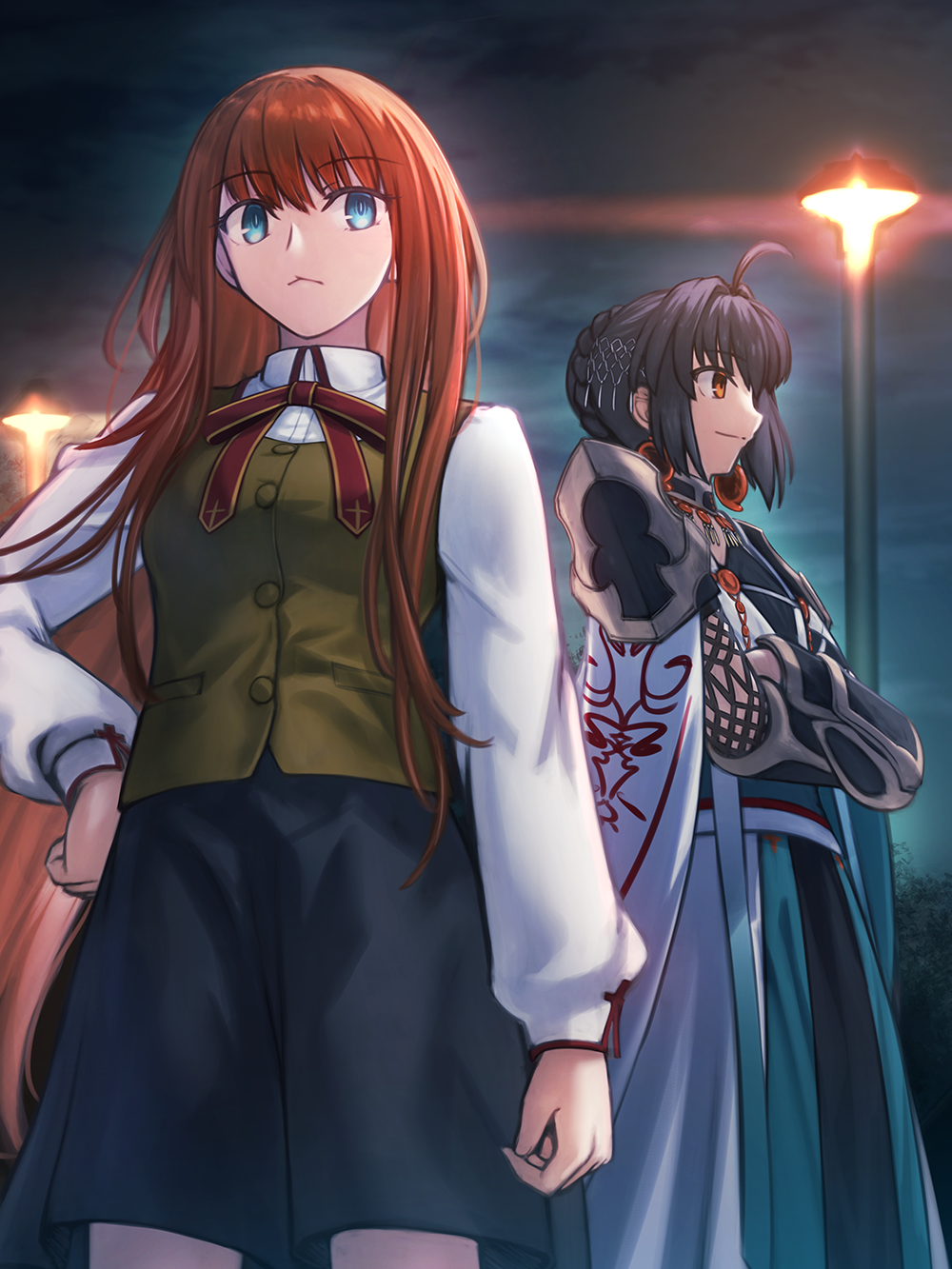 1boy 1girl amulet black_hair black_skirt blue_eyes braid braided_ponytail cloak commentary_request fate/grand_order fate/samurai_remnant fate_(series) hand_on_own_chest highres homurabara_academy_school_uniform japanese_clothes kimono lamppost long_hair night night_sky orange_eyes original red_hair red_ribbon ribbon school_uniform shoori_(migiha) single_braid skirt sky smile takeuchi_takashi_(style) topknot white_cloak white_kimono yamato_takeru_(fate)