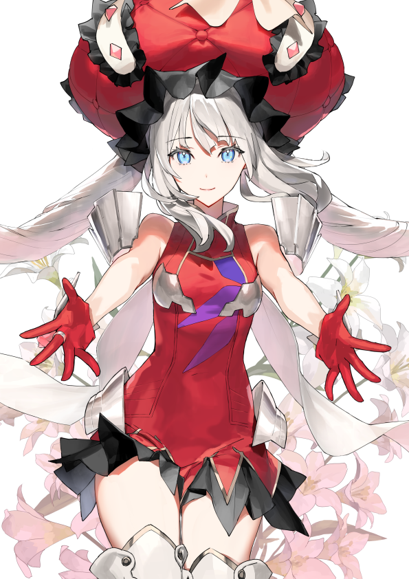 1girl bare_shoulders blue_eyes closed_mouth commentary_request dress drill_hair fate/grand_order fate_(series) flower ginka_sima gloves grey_hair hat jewelry long_hair marie_antoinette_(fate) outstretched_arms red_dress red_gloves red_hat ring short_dress simple_background sleeveless sleeveless_dress smile solo white_background white_flower