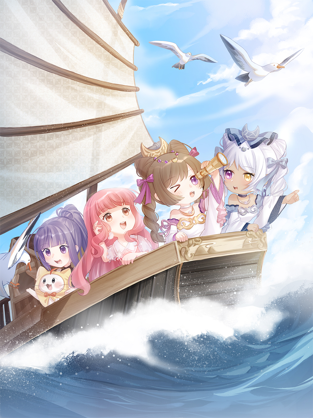 &gt;_o 4girls ace_(miracle_nikki) animal artist_request bare_shoulders beads besan_(miracle_nikki) bestt_(miracle_nikki) bird black_choker blue_bow blue_sky blunt_bangs boat bow bowtie braided_twintails brown_hair cat chibi choker circlet cloak clothed_animal cloud cone_hair_bun crescent crescent_hair_ornament dark-skinned_female dark_skin detached_sleeves dot_nose double_bun dress ear_covers eyelashes game_cg gold_necklace hair_beads hair_bow hair_bun hair_ornament hand_in_own_hair heterochromia highres holding holding_telescope hood hood_up hooded_cloak jewelry light_blush light_particles long_hair long_sleeves looking_at_another miracle_nikki momo_(nikki) multiple_girls necklace nikki_(nikki) nikki_(series) ocean official_art one_eye_closed open_mouth orange_bow orange_bowtie outstretched_arm pink_dress pink_hair pointing pointing_forward pom_pom_(clothes) ponytail puffy_short_sleeves puffy_sleeves purple_eyes purple_hair purple_ribbon ribbon sailboat sailing seagull see-through_clothes see-through_sleeves short_sleeves siblings sidelocks sisters sky sleeve_ribbon smile snowflake_necklace strapless strapless_dress teeth telescope third-party_source traditional_bowtie twins upper_teeth_only watercraft waves wavy_hair whiskers white_cat white_choker white_dress white_hair white_sleeves wide_sleeves yellow_cloak yellow_eyes