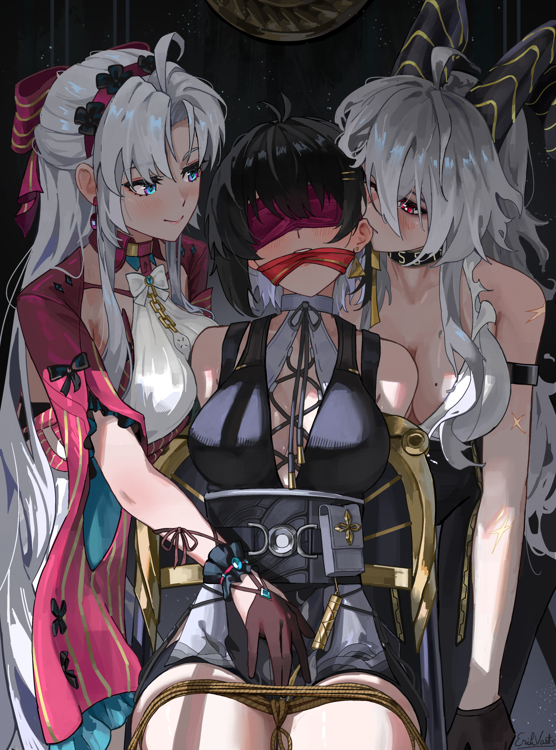 3girls absurdres ahoge arm_strap bare_shoulders bdsm biting biting_ear black_choker black_collar black_dress black_gloves black_hair black_horns black_pants blindfold blush bondage bound bow breasts carlotta_(wuthering_waves) choker closed_mouth collar collarbone colored_inner_hair commentary cross-laced_clothes cross-laced_dress curled_horns dress earrings english_commentary erikvarts female_rover_(wuthering_waves) gagged gloves hair_bow hairband hand_on_another's_crotch highres horns jacket jewelry large_breasts long_hair looking_at_another mole mole_on_breast multicolored_hair multiple_girls pants parted_bangs pink_bow pink_hairband pink_jacket red_eyes rover_(wuthering_waves) shirt sleeveless sleeveless_dress smile striped_bow torn_clothes torn_shirt white_dress white_hair white_shirt wuthering_waves yuri zani_(wuthering_waves)