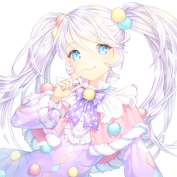 1girl argyle beads blue_eyes blue_nails bow bowtie capelet closed_mouth female_focus finger_to_mouth frills index_finger_raised long_hair long_sleeves looking_at_viewer nail_polish original polka_dot polka_dot_bow polka_dot_neckwear pom_pom_(clothes) saban simple_background smile solo swept_bangs twintails upper_body white_background white_hair