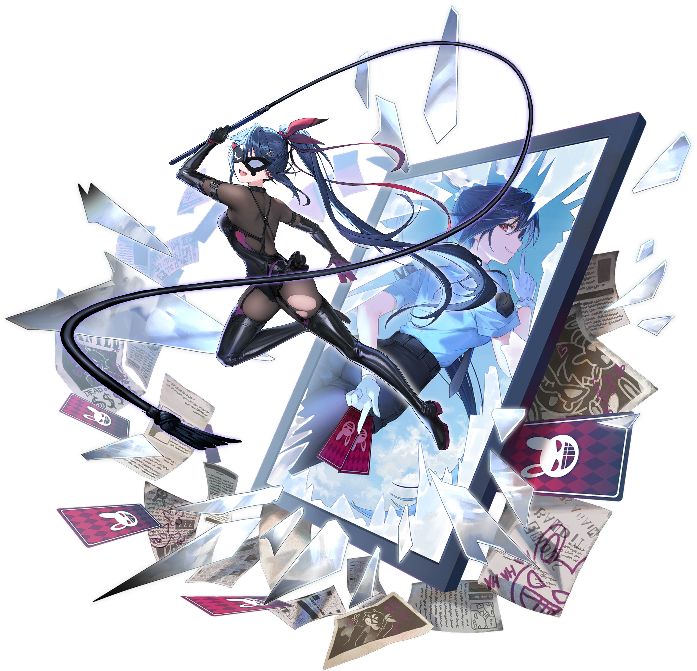 1girl absurdres allen_m._sumner_(azur_lane) allen_m._sumner_(two_faces_of_justice)_(azur_lane) ass azur_lane black_bodysuit black_gloves black_hair black_leotard black_pants black_thighhighs bodysuit card different_reflection elbow_gloves eye_mask full_body gloves hair_ornament highres holding holding_card holding_whip leotard long_hair looking_at_viewer looking_to_the_side nagu non-web_source official_alternate_costume official_art open_mouth pants police police_uniform ponytail reflection shirt smile solo thighhighs torn_bodysuit torn_clothes transparent_background very_long_hair whip white_gloves white_shirt