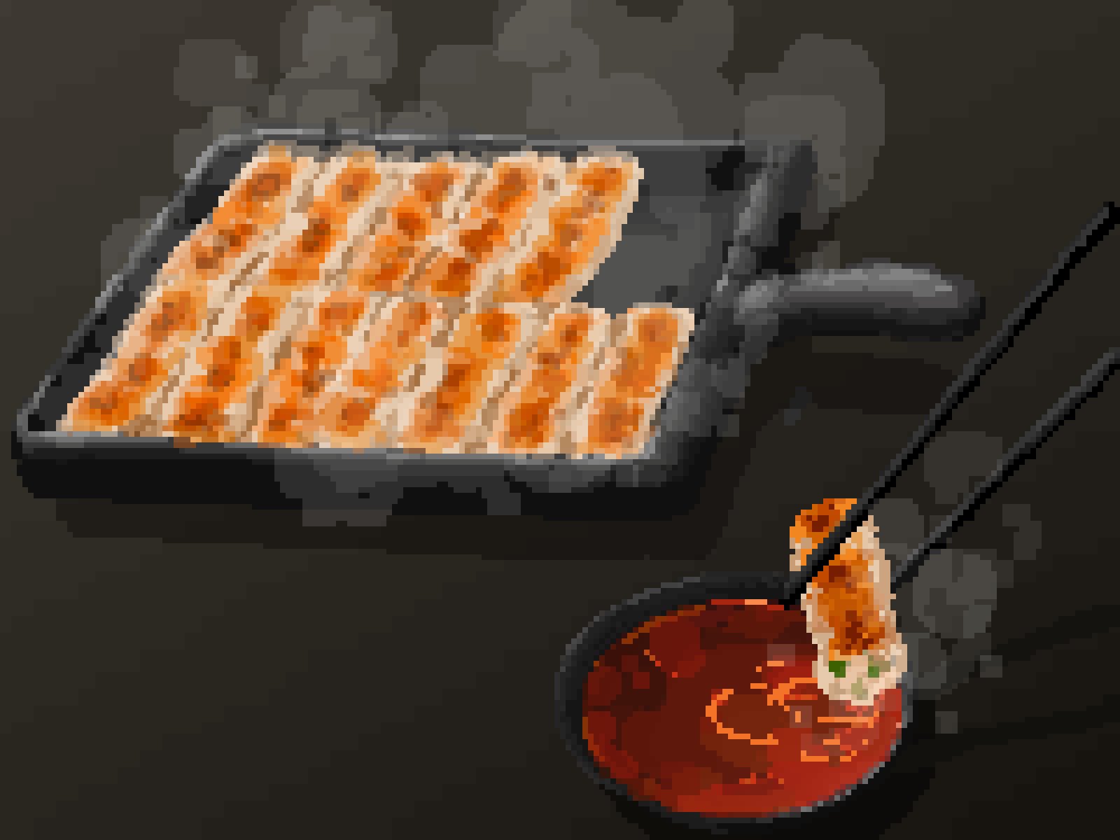 black_background chopsticks dumpling food food_focus highres hisachan55cute jiaozi no_humans original pixel_art scenery simple_background soy_sauce steaming_food tray