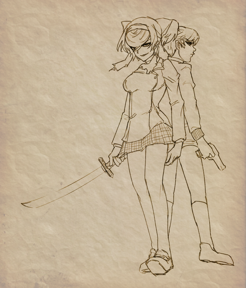 2girls alisa_(girls_und_panzer) breasts girls_und_panzer girls_und_panzer_ribbon_no_musha gun hair_ribbon handgun holding holding_sword holding_weapon katana large_breasts mityubi monochrome multiple_girls ribbon saunders_military_uniform school_uniform short_hair short_shorts short_twintails shorts skirt sword tatenashi_high_school_uniform tsuruki_shizuka twintails weapon
