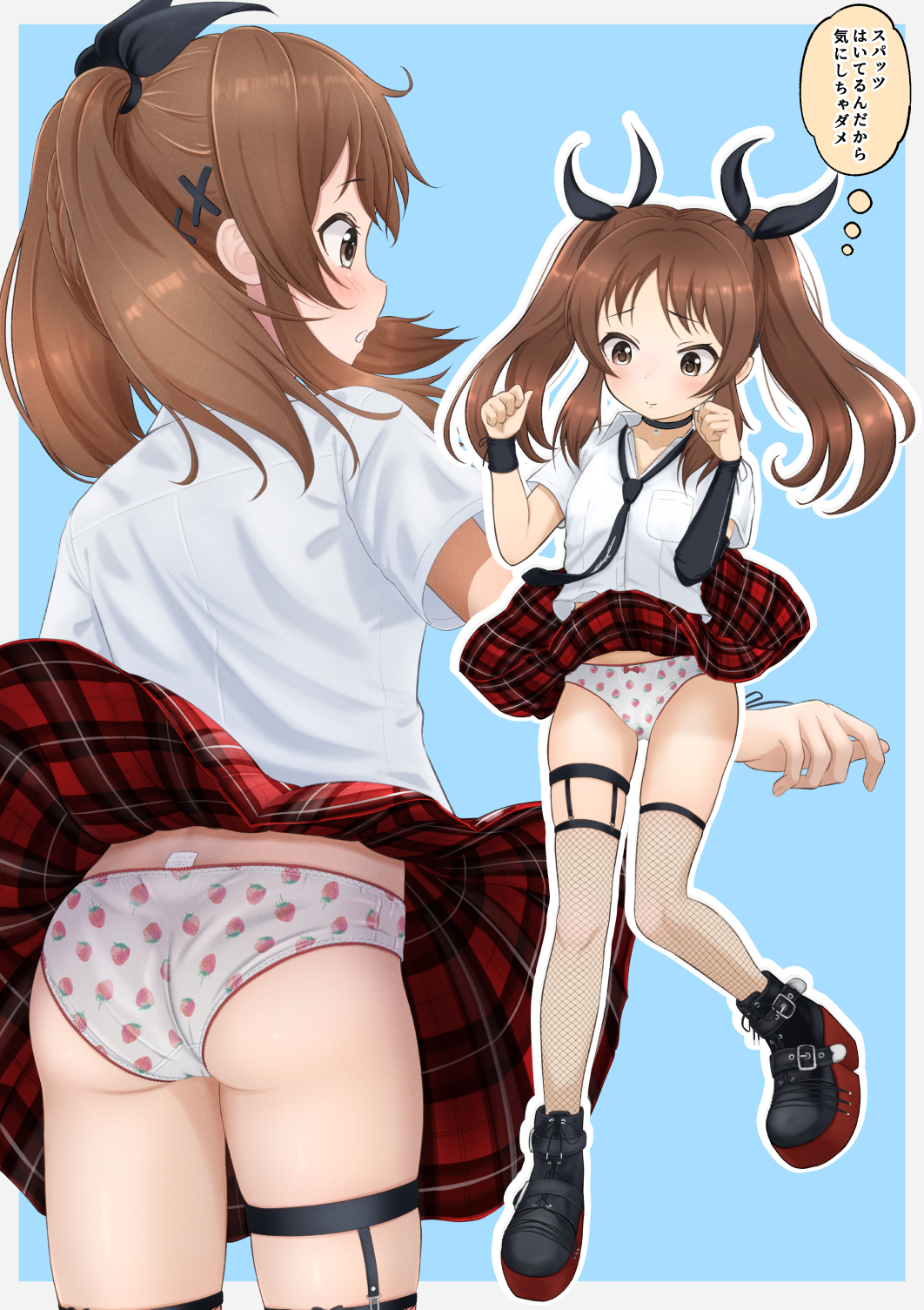 1girl ass asymmetrical_gloves black_gloves black_necktie blue_background border bow bow_panties brown_eyes brown_hair clothes_lift crotch_seam elbow_gloves fishnet_thighhighs fishnets food_print fruit_print full_body garter_straps gloves hair_bow hair_ornament highres idolmaster idolmaster_cinderella_girls multiple_views necktie panties panty_tag plaid_clothes plaid_skirt ponytail print_panties red_skirt shirt short_sleeves skirt skirt_lift solo strawberry_panties strawberry_print tachibana_arisu tanakaminos thighhighs underwear uneven_gloves white_border white_shirt x_hair_ornament