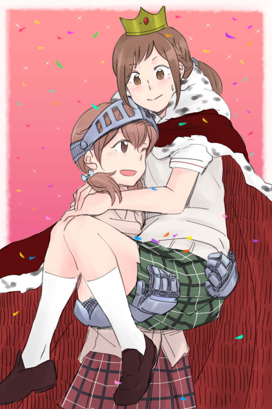 2girls :&gt; aihara_miki blue_bow blush bow brown_eyes brown_footwear brown_hair cape carrying confetti crown gauntlets hair_bow hair_tie highres maki_seina mukiki multiple_girls okujou_no_yurirei-san one_eye_closed open_mouth ponytail princess_carry red_background school_uniform shoes short_sleeves skirt striped_bow sweat visor_(armor) white_bow white_legwear yuri