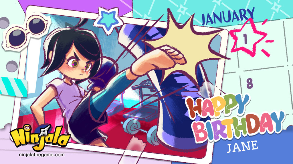 1girl ahoge aqua_leggings barbell barefoot black_shoes blue_gloves blush boxing boxing_gloves brown_eyes calendar_(object) character_name closed_mouth commentary copyright_name emphasis_lines english_commentary exercise_machine frown gloves gym happy_birthday indoors jane_(ninjala) january kicking logo masking_tape ninjala nose official_art outline photo_(object) punching_bag purple_outline purple_shirt purple_sleeves rianti-wong second-party_source shirt shoes short_hair shuriken sportswear star_(symbol) sticker sunglasses tape toes treadmill watermark weapon web_address white-framed_eyewear