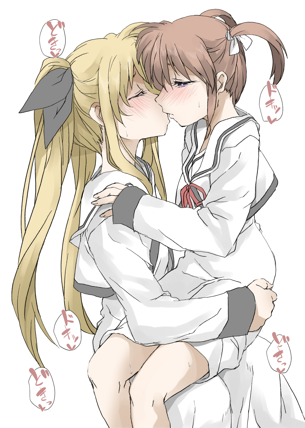 2girls blonde_hair blush brown_hair closed_eyes couple elf_(stroll_in_the_woods) fate_testarossa highres kiss legs long_hair lyrical_nanoha mahou_shoujo_lyrical_nanoha mahou_shoujo_lyrical_nanoha_a&#039;s medium_hair multiple_girls school_uniform seishou_elementary_school_uniform short_twintails simple_background sitting sitting_on_lap sitting_on_person takamachi_nanoha thighs translation_request twintails white_background yuri