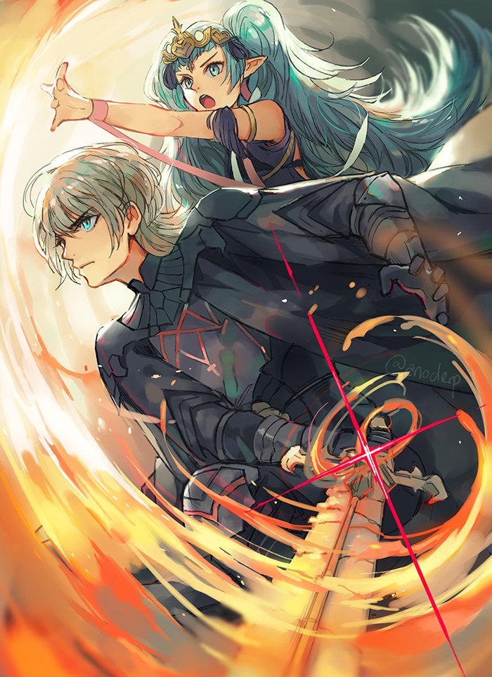 1boy 1girl anocurry armor black_armor black_cape braid cape closed_mouth fire_emblem fire_emblem:_three_houses green_eyes green_hair hair_ribbon holding holding_sword holding_weapon long_hair male_byleth_(enlightened)_(fire_emblem) male_byleth_(fire_emblem) nintendo open_mouth pointy_ears ribbon_braid short_hair sothis_(fire_emblem) sword tiara twitter_username weapon