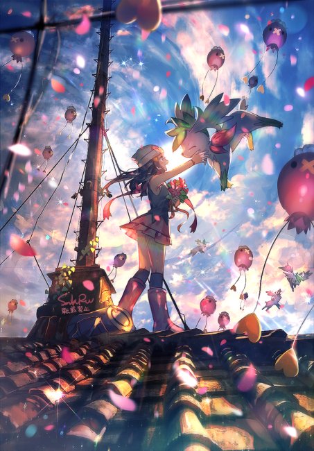 1girl backlighting black_hair black_shirt black_socks blue_sky boots bracelet cloud dawn_(pokemon) day drifloon floating_hair from_side gen_4_pokemon gracidea hat jewelry kneehighs legendary_pokemon long_hair miniskirt mythical_pokemon naru_(andante) nintendo open_mouth outdoors outstretched_arm pink_footwear pink_skirt pokemon pokemon_(creature) pokemon_dppt shaymin shaymin_(sky) shirt skirt sky sleeveless sleeveless_shirt socks standing sun white_headwear